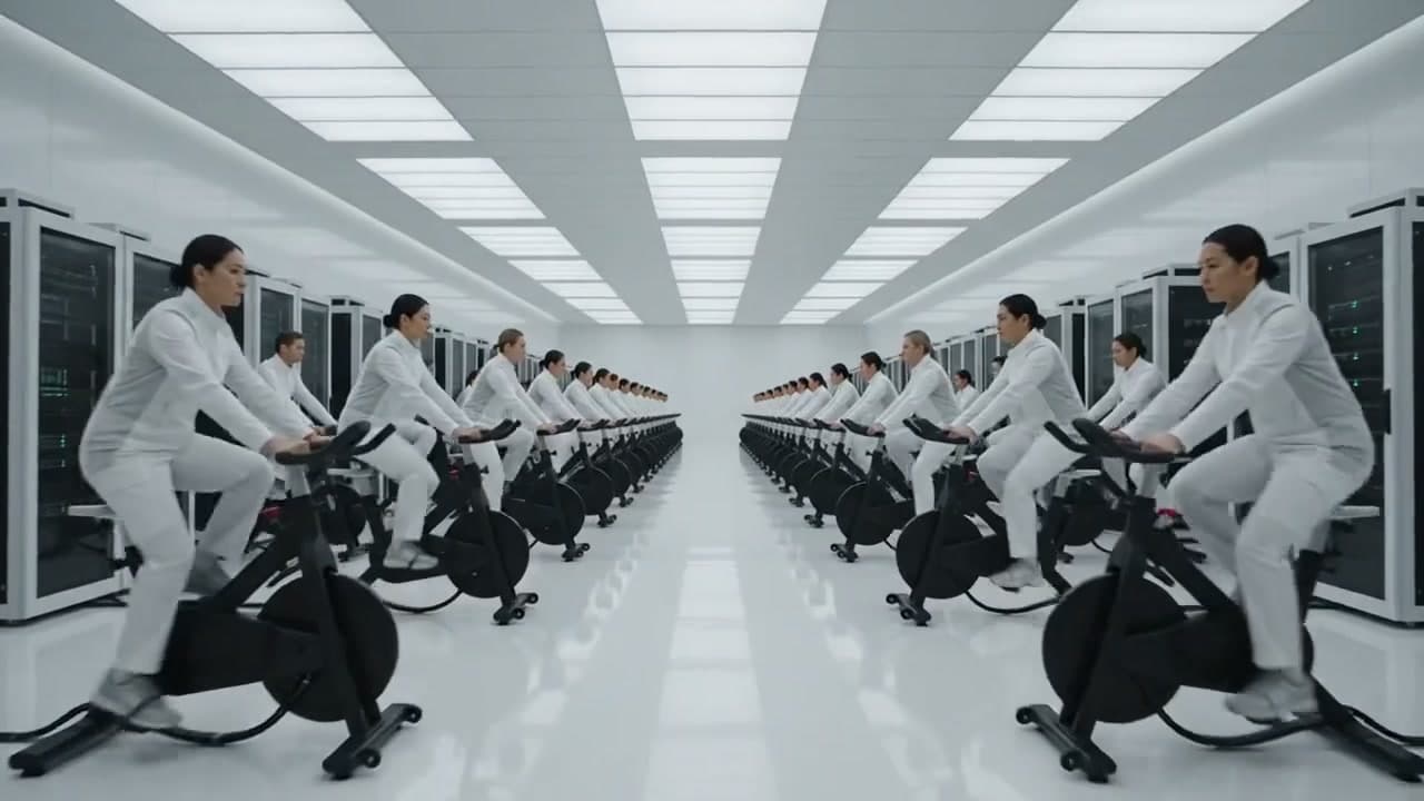 Rows of riders at stationary compute stations between server racks in a white facility hall