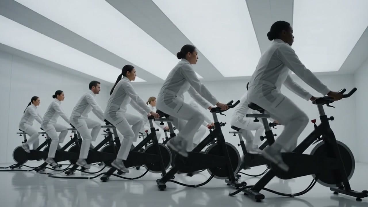 Rows of riders pedaling identical stationary bikes inside the white compute facility