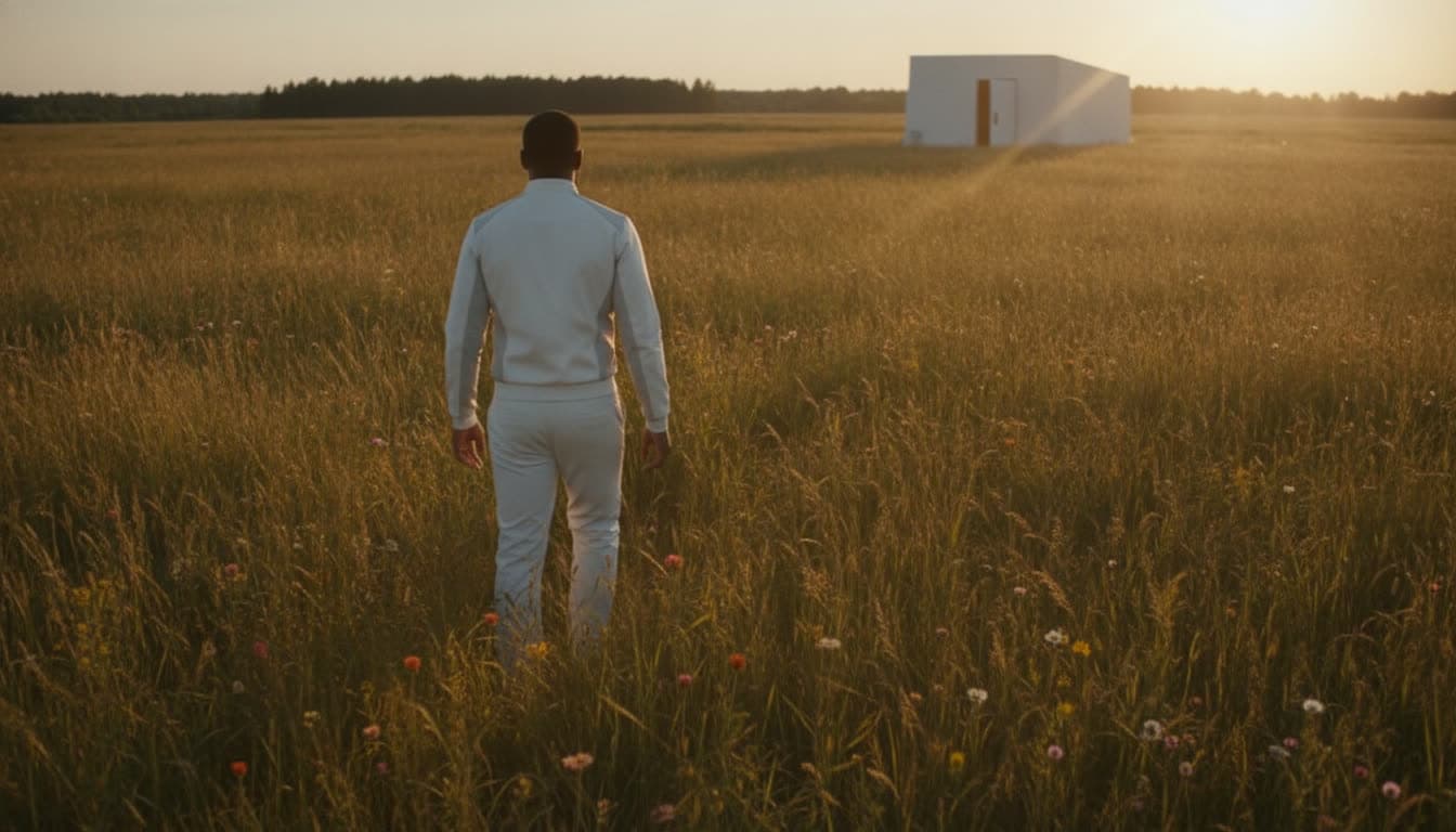 A person in white technical apparel walks through a sunlit meadow at golden hour, the facility left behind with its door open