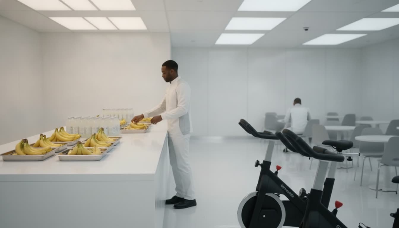 A rider selects a banana from steel trays at a white nutrition counter inside the facility