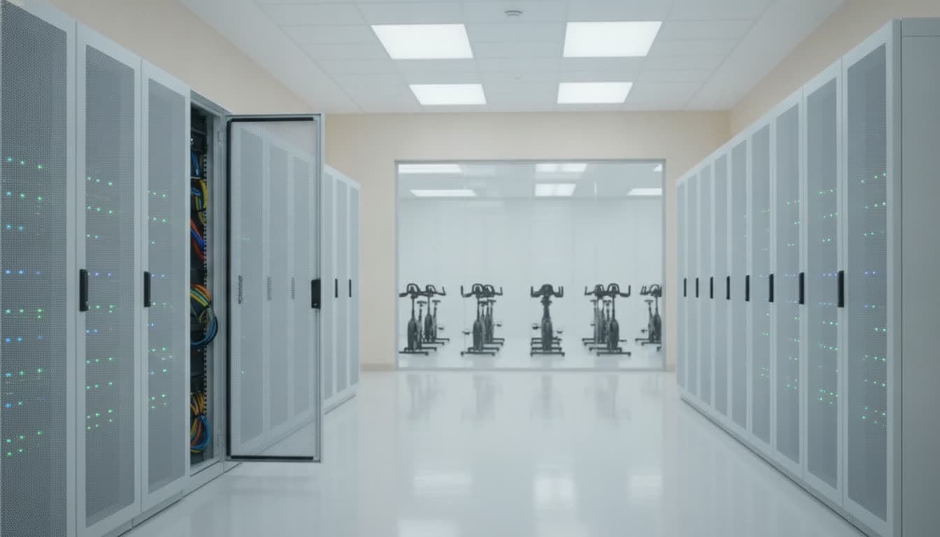 A clean aisle of white GPU racks with green status lights, adjacent to the cycling hall