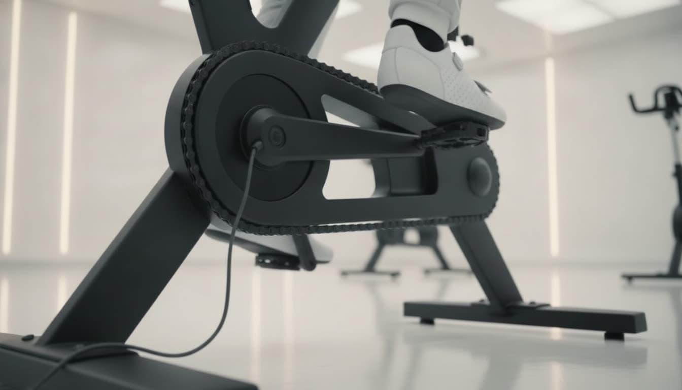 Close-up of a station drivetrain mid-pedal with a power cable running from the crank housing