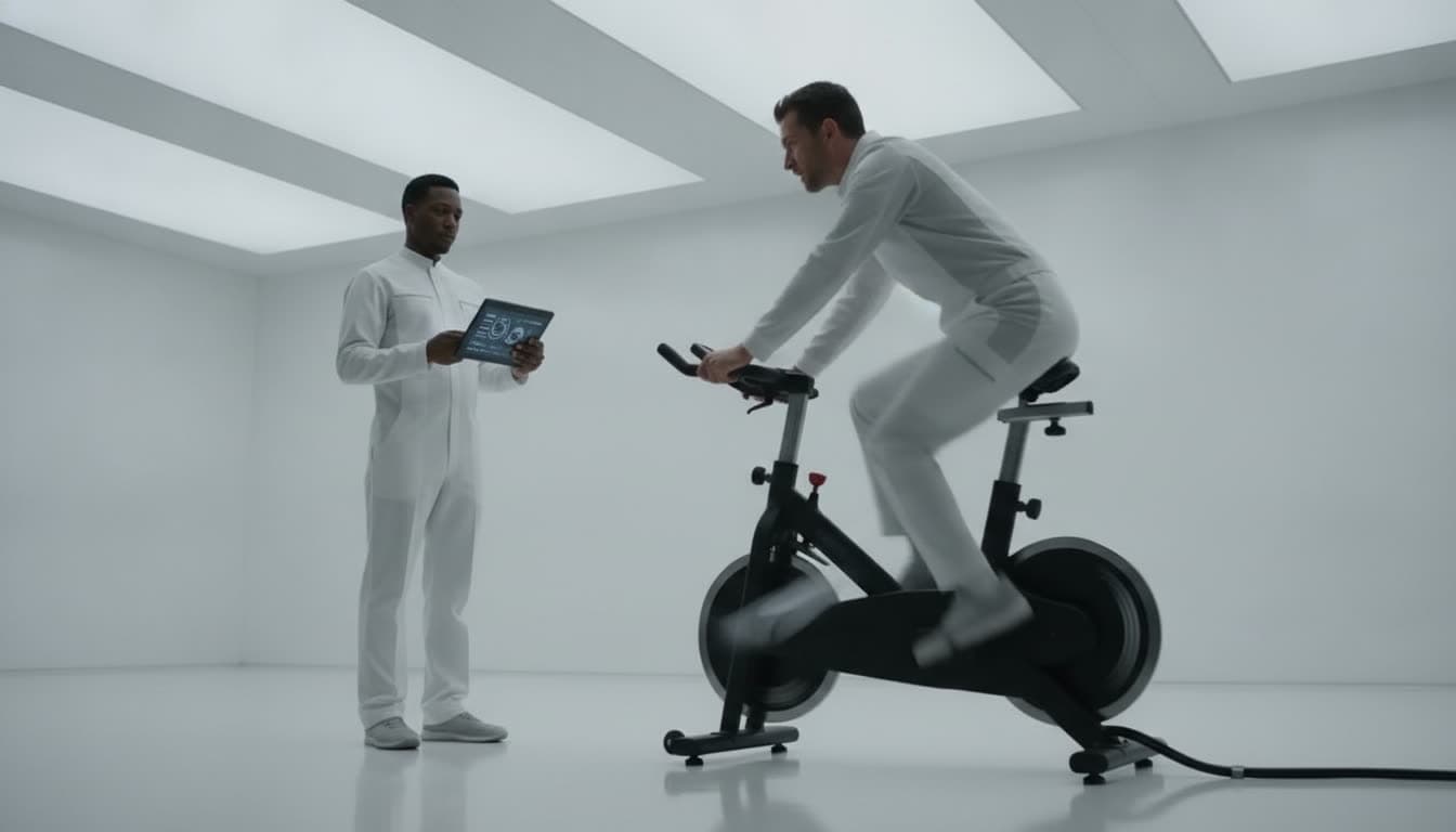 A rider sprinting at maximum intensity while a technician observes with a tablet