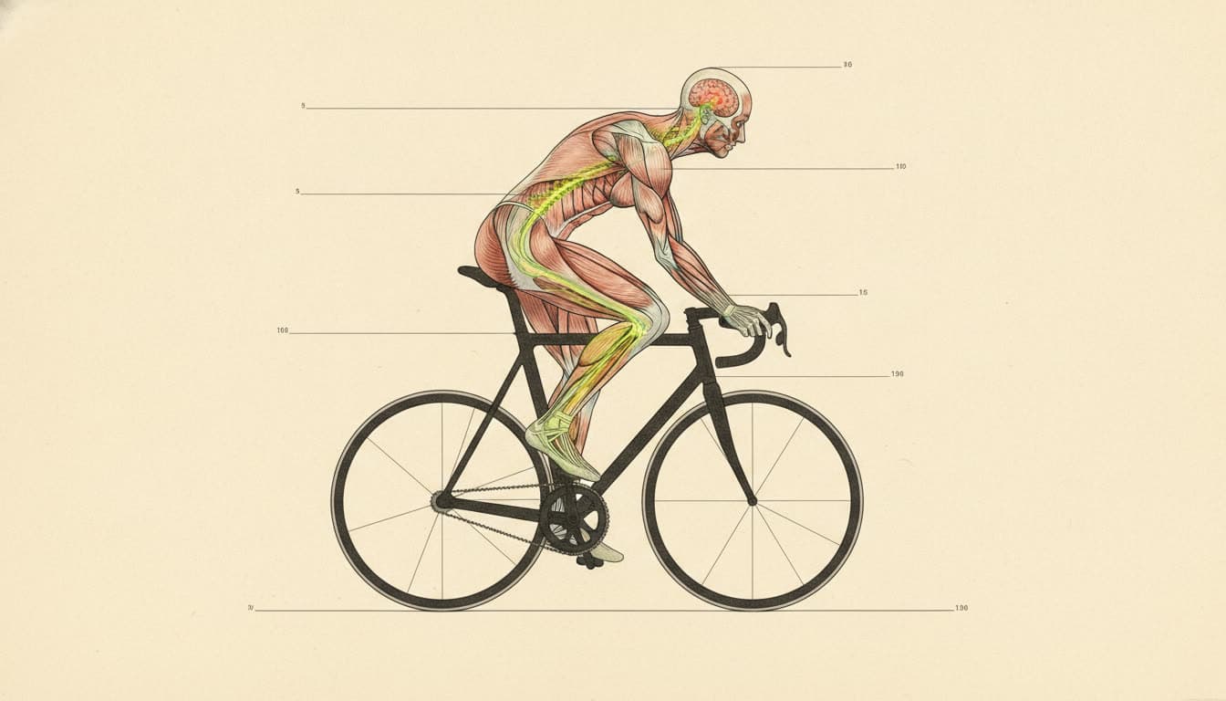 Anatomical illustration of a cyclist showing a green neural signal path from the brain down the spine to the quadriceps